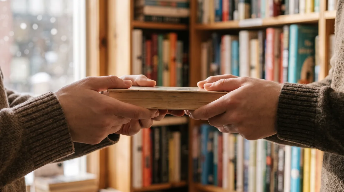 Крупный план: две пары молодых рук передают друг другу книгу среди полок книжного магазина, без телефона