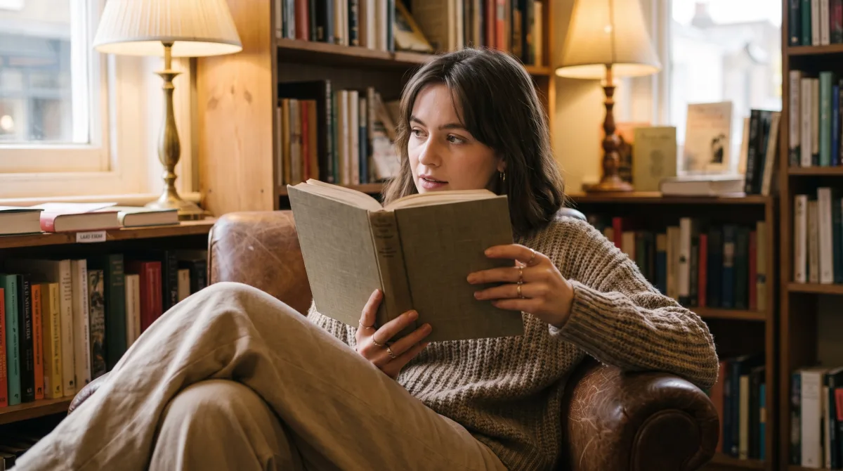 Стильная молодая женщина в тёплом книжном магазине читает слова книги на удобном расстоянии, выбирая по тексту