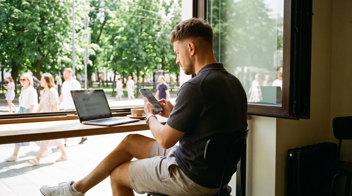Стильный молодой человек сравнивает приложения для знакомств в телефоне за столом в светлом коворкинге у открытого окна летним днём