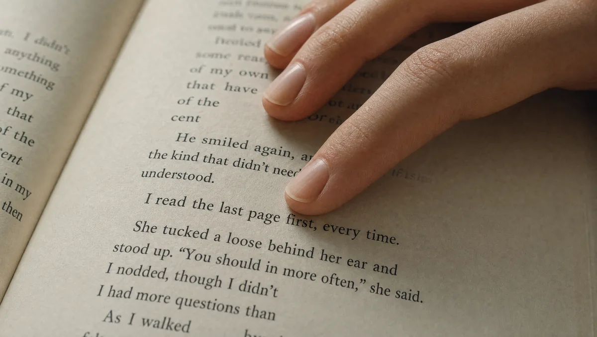 Крупный план: палец остановился под одной строкой на английском — «I read the last page first, every time»