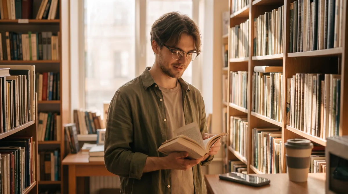 Молодой человек с улыбкой держит открытую книгу между стеллажами небольшого книжного магазина в тёплом дневном свете