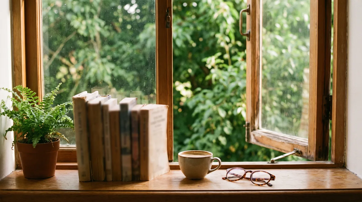 Стопка потрёпанных любимых книг, чашка кофе и очки для чтения на подоконнике в солнечном свете