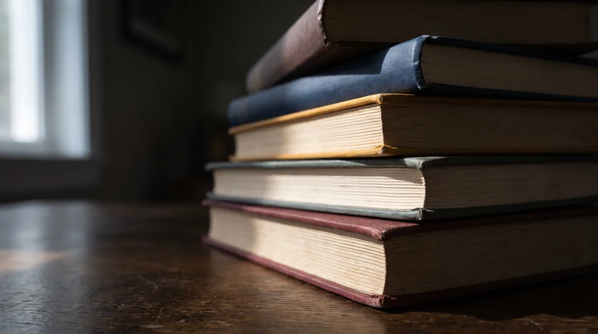Крупный план торцов стопки книг, корешки веером, ни одно название не разобрать
