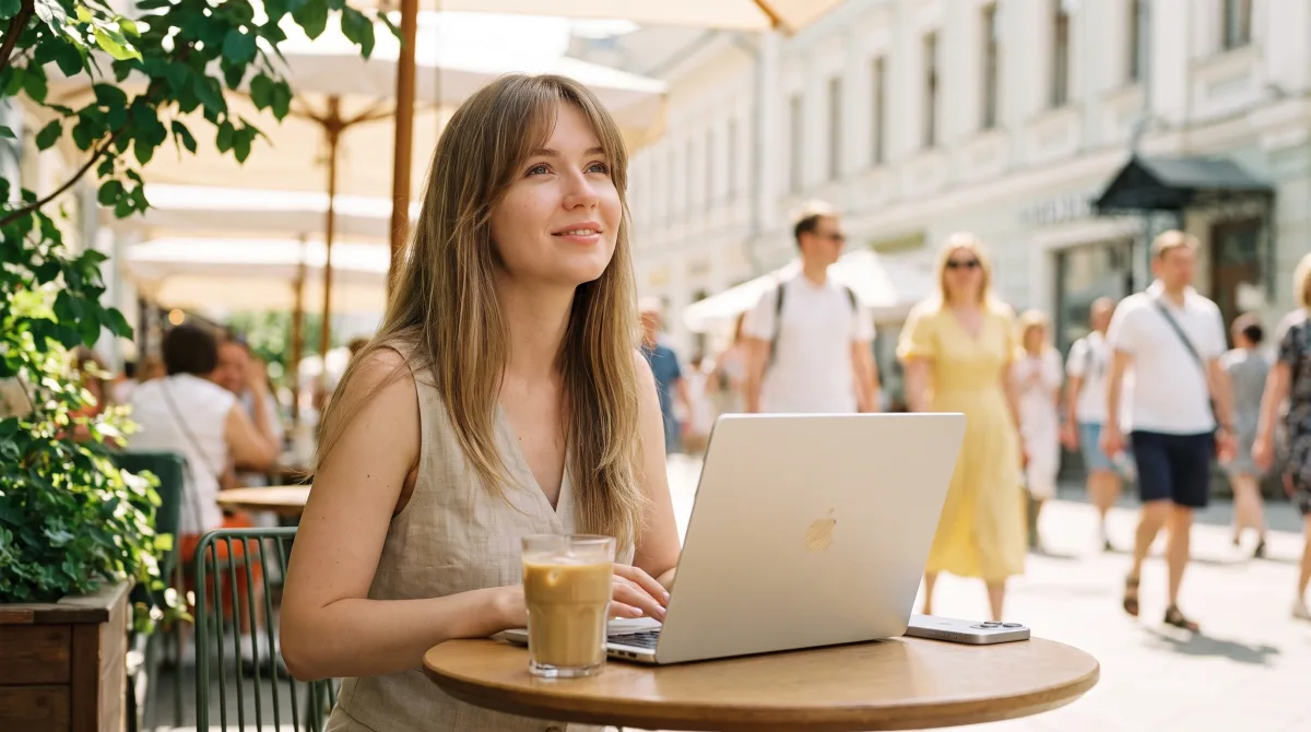 Удалённый сотрудник за столиком уличного кафе, рядом открытый ноутбук и айс-кофе, в ярком дневном свете