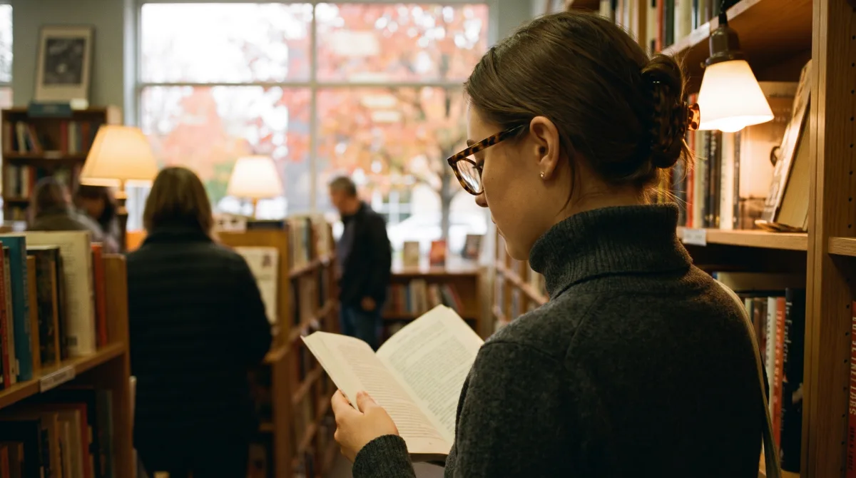 Девушка в очках рассматривает полки в независимом книжном магазине с открытой книгой в руках