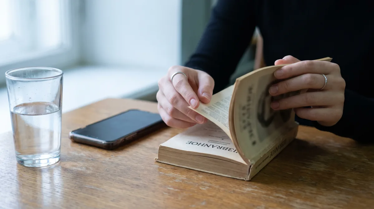 Крупный план рук, переворачивающих страницу книги, рядом телефон экраном вниз