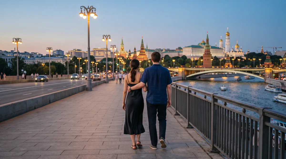 Пара со спины, рука об руку, идёт по городскому мосту в тёплых вечерних сумерках позднего лета