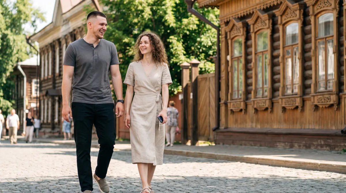 Молодая пара гуляет по 130-му кварталу в Иркутске летом, деревянные дома на фоне