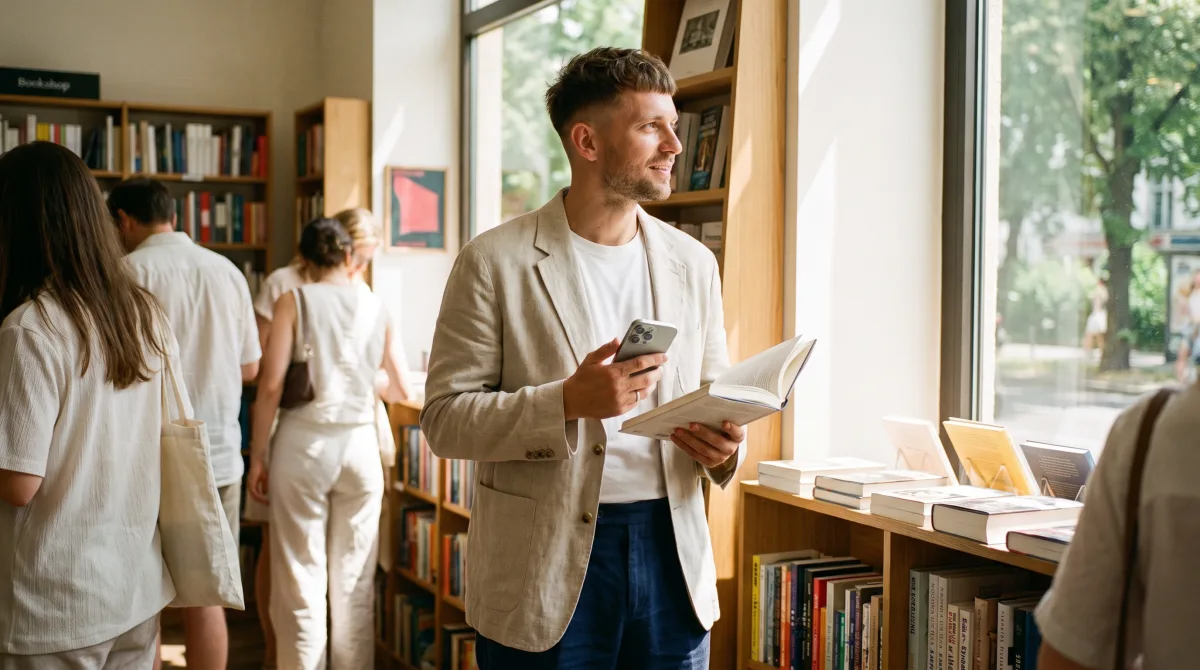 Стильный молодой человек листает книгу в солнечном книжном магазине, телефон в другой руке, тёплый дневной свет из витрины