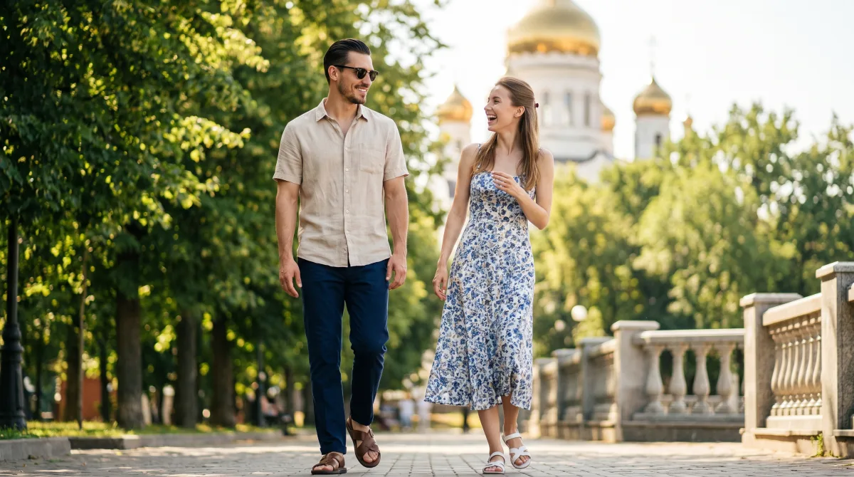 Молодая пара гуляет по центральному бульвару в Курске летом, купола Знаменского собора на фоне