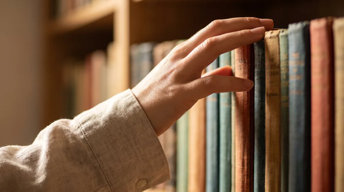 Крупным планом — пальцы скользят по корешкам книг на плотной полке независимого книжного