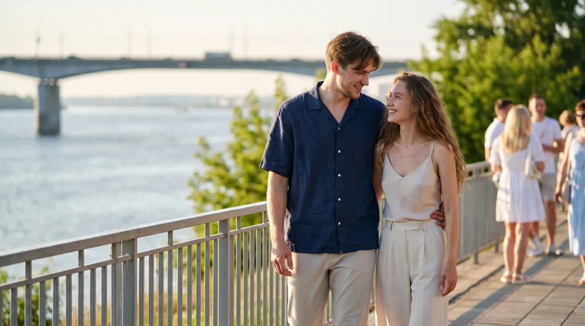 Молодая пара на набережной Космонавтов в Саратове летом, Волга и мост на Энгельс мягко на фоне