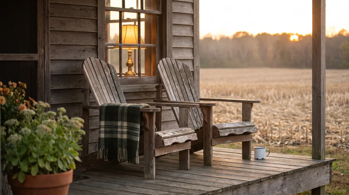 Two empty porch chairs face an evening field on a small farmhouse porch, a single lamp lit through the window behind them, fading light over the crops