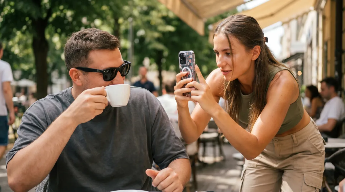 Стильная молодая пара делает «мягкий запуск» на террасе кафе: один фотографирует другого, чьё лицо игриво скрыто