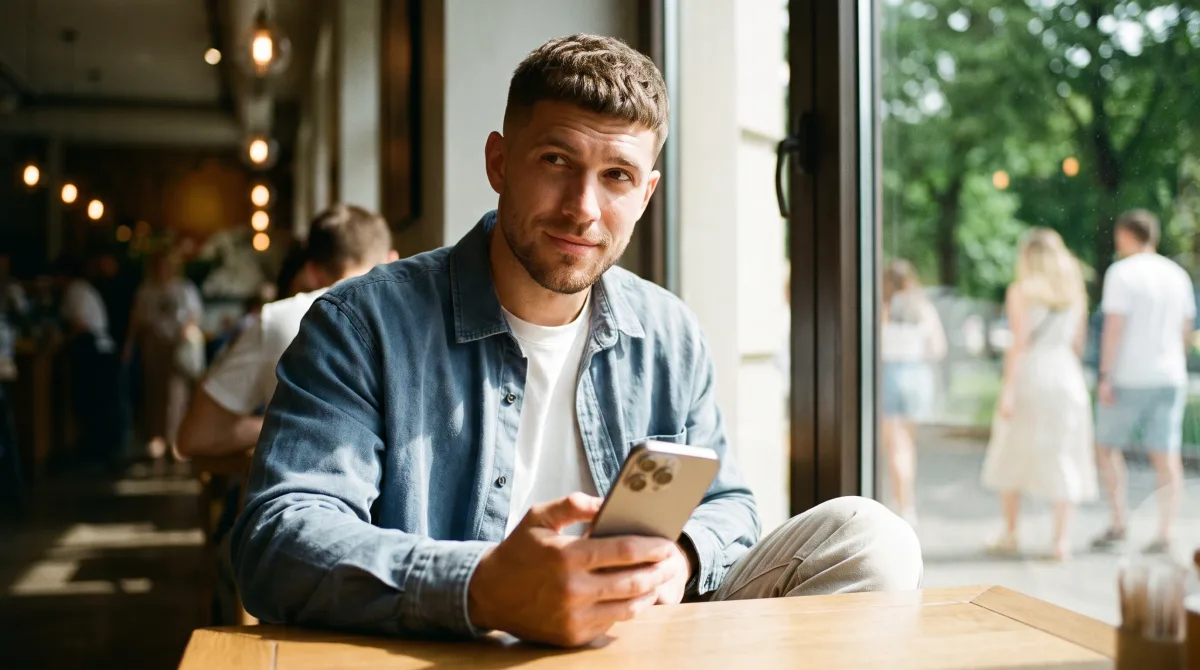 Портрет молодого человека, который отрывается от телефона со сдержанной полуулыбкой, тёплый оконный свет, размытый интерьер кафе
