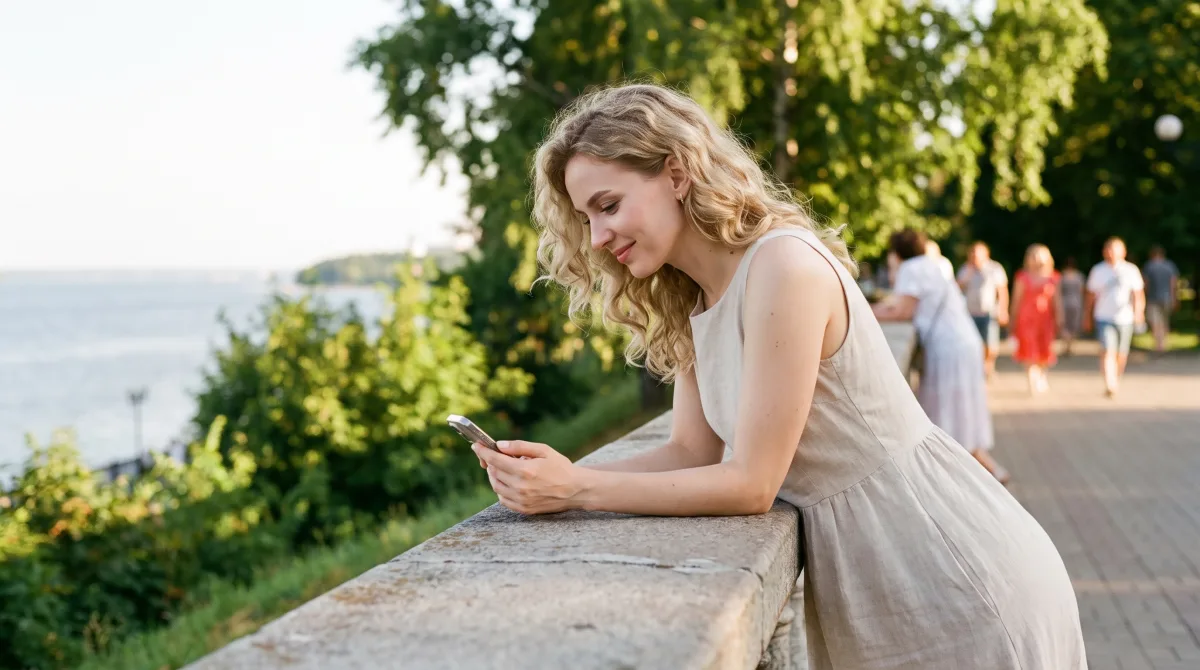 Девушка на бульваре Венец в Ульяновске пишет анкету знакомств в телефоне летом, Волга внизу