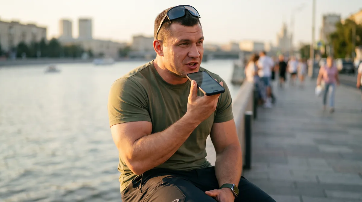 Мускулистый молодой человек на набережной держит телефон у лица, записывая голосовое сообщение в золотом свете