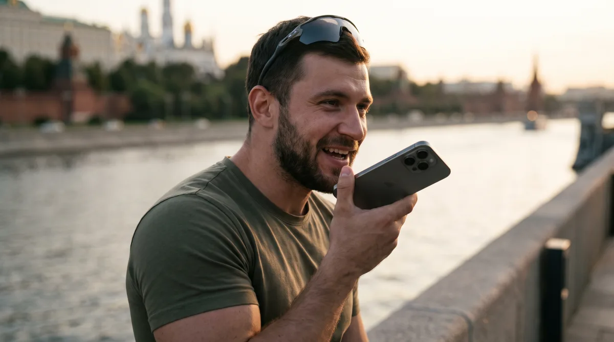 Портрет мускулистого молодого человека, который тепло и оживлённо наговаривает голосовое сообщение в телефон