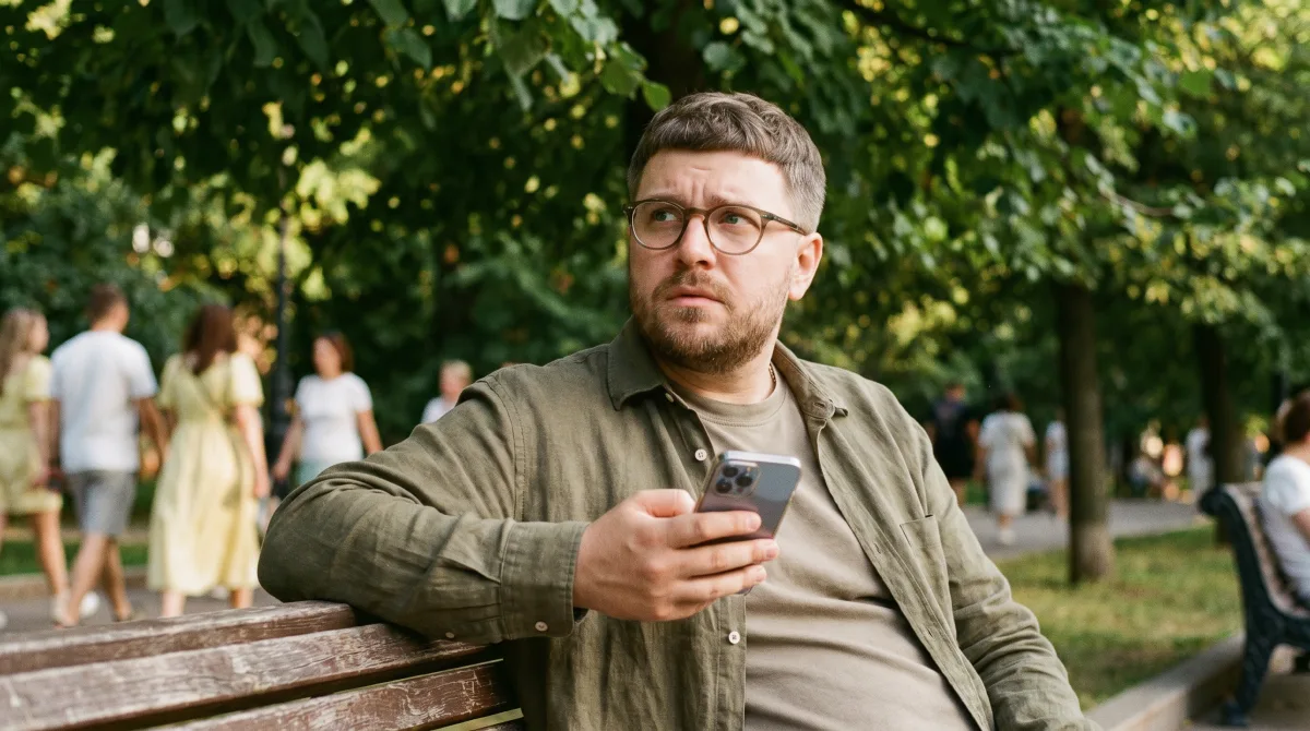 Женщина сидит на скамейке в парке в лучах позднего солнца, телефон лежит рядом экраном вниз, она задумалась, какое приложение для знакомств ей на самом деле подходит