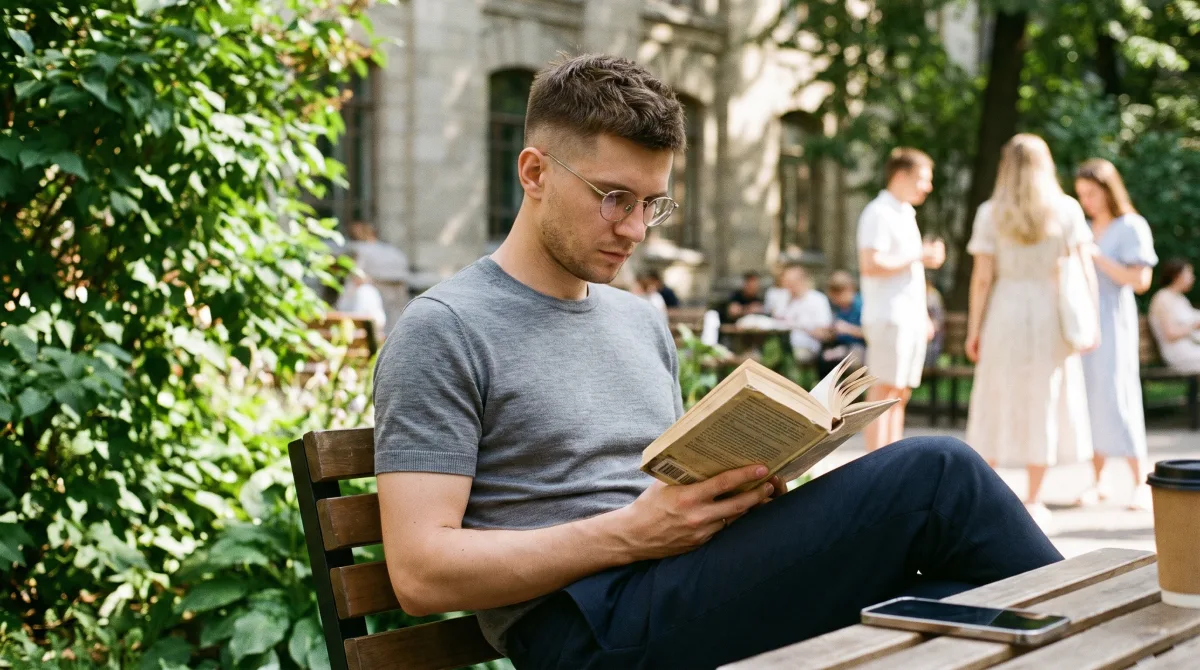 Стильный молодой человек в тонких очках читает книгу на зелёной летней террасе университетской библиотеки, задумчивый и увлечённый
